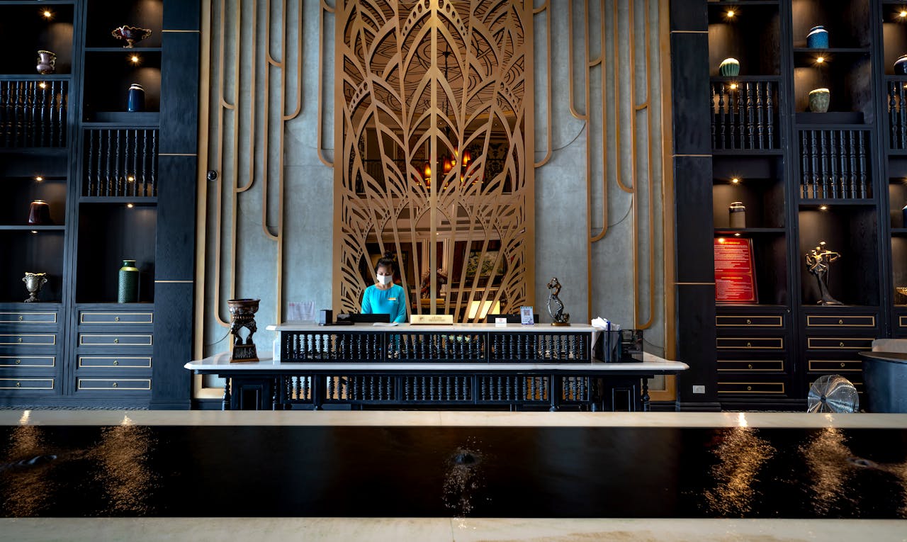 Luxury hotel front desk with elegant art deco design